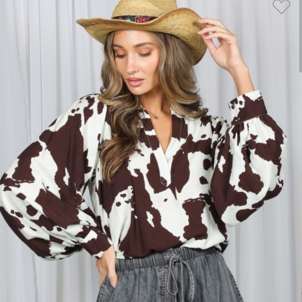 Dark BrownV-‎ NECK Cow Print Women's Blouse with Puffy Sleeves Small - Picture 2 of 8